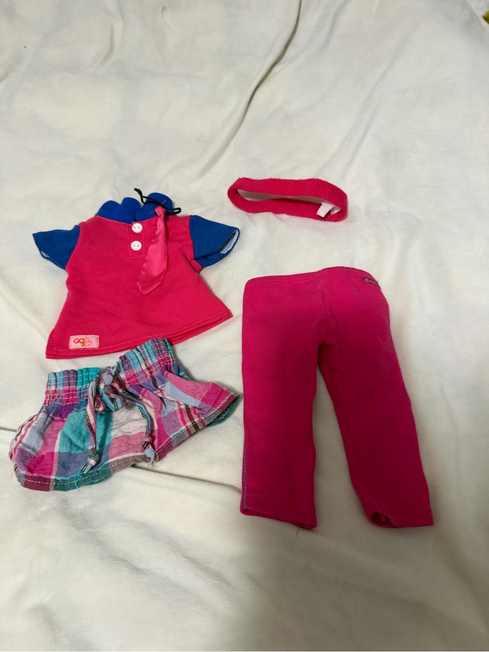 American Girl Kids Doll Clothing Set - Pink Top, Pink Leggings & Plaid Skirt